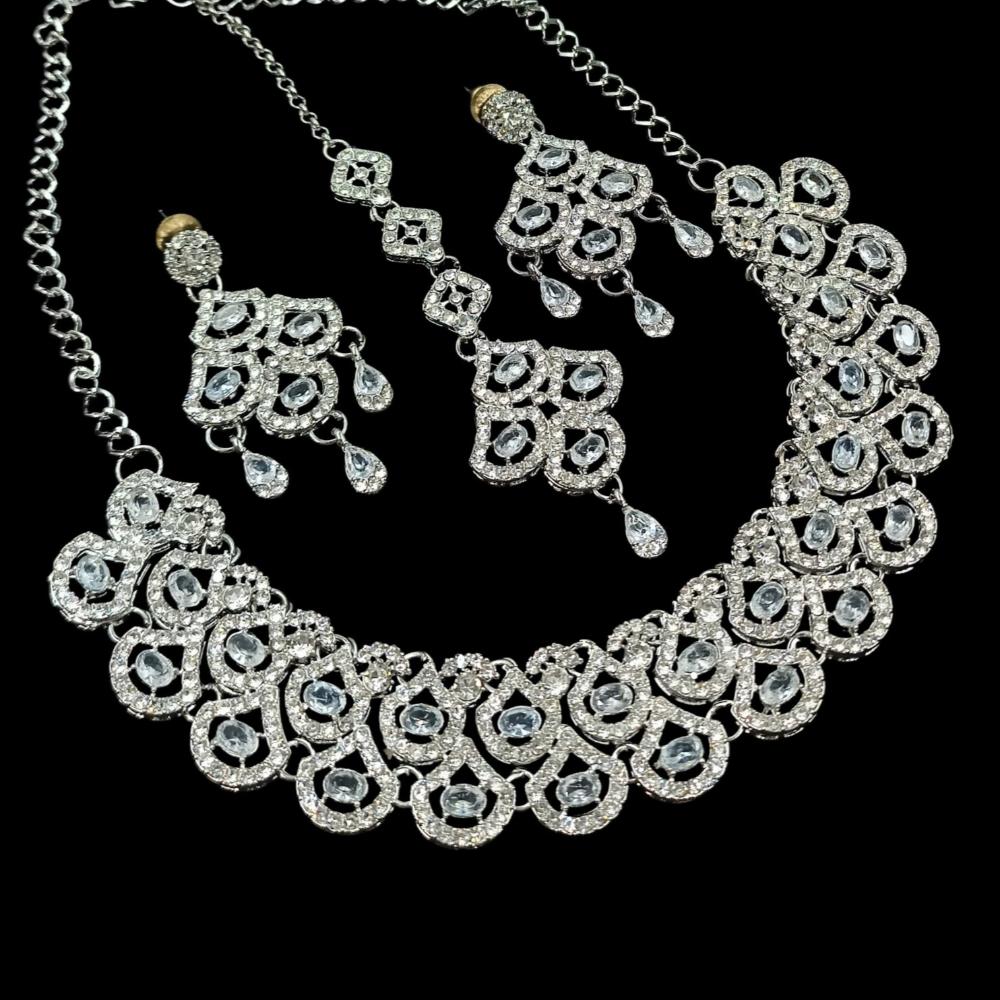 NAFJ Glamorous Crystal Stone And Austrian Stone Designer Necklace Set With Maangtikka