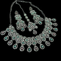 NAFJ Glamorous Crystal Stone And Austrian Stone Designer Necklace Set With Maangtikka