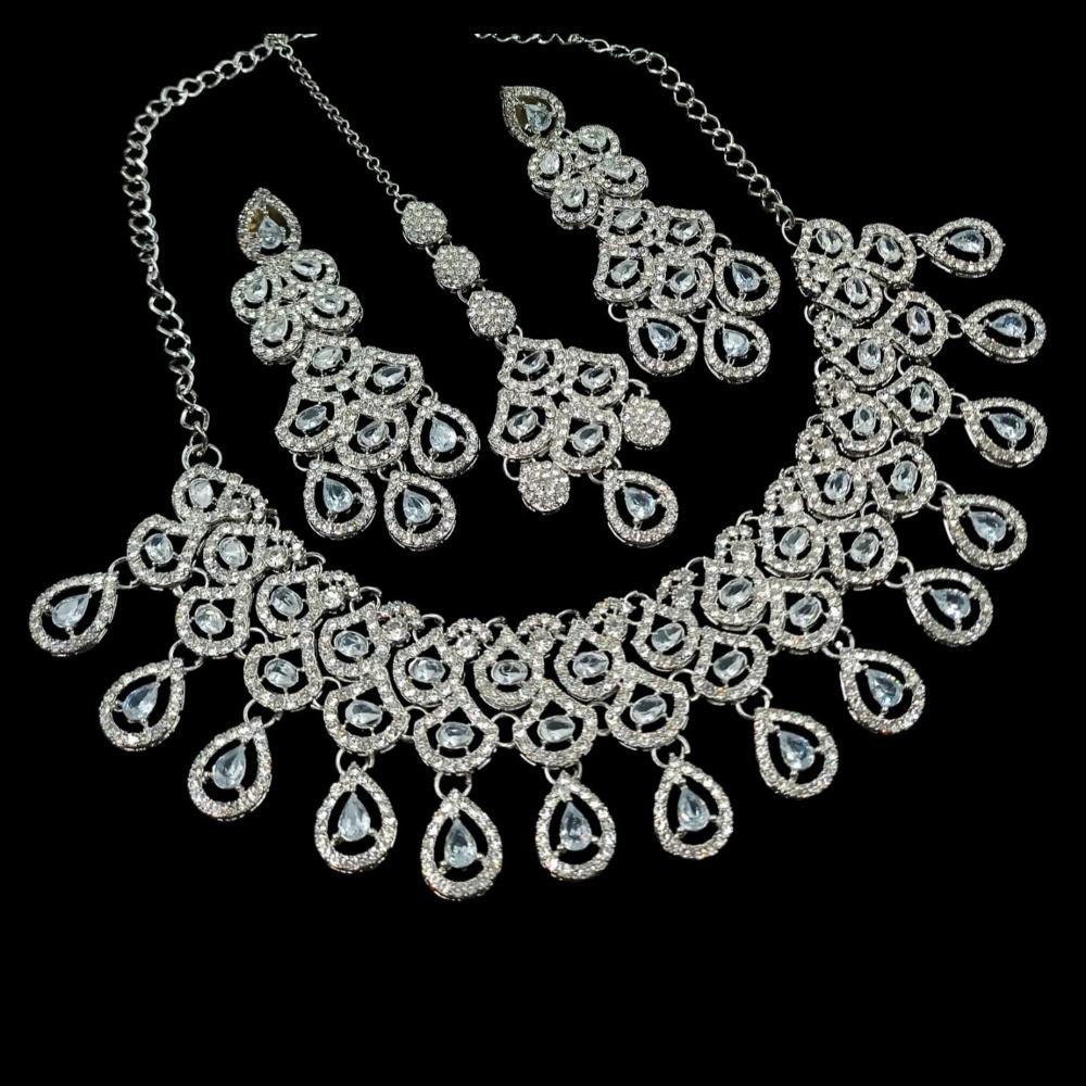 NAFJ Glamorous Crystal Stone And Austrian Stone Designer Necklace Set With Maangtikka
