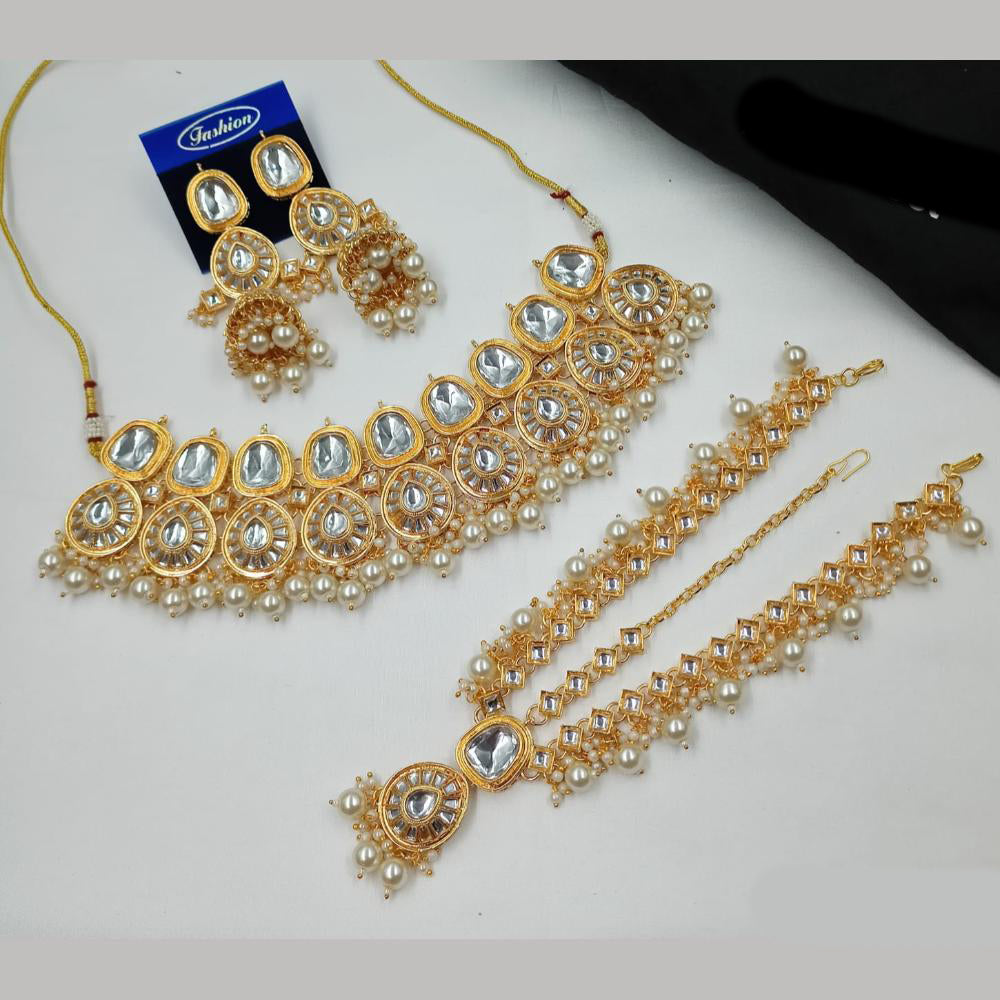 NAFJ Designer Kundan Stone Pearl And Beads Choker Necklace Set