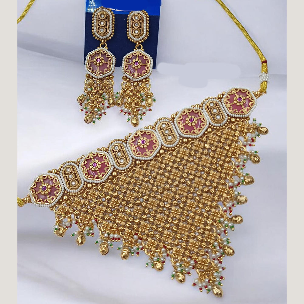 NAFJ Maharani Style Pota Stone And Pearl Choker Necklace Set