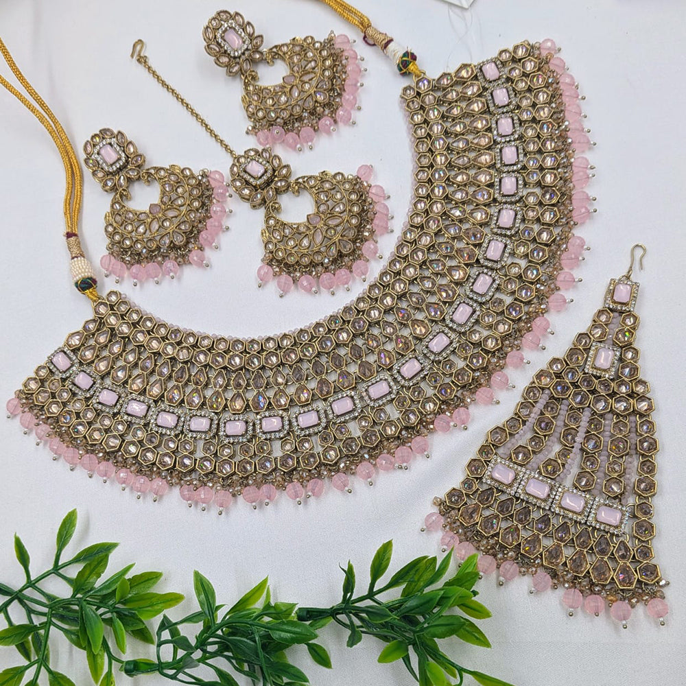 NAFJ Gold Plated Crystal Stone And Beads Necklace Set