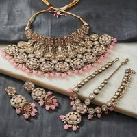 NAFJ Classic Kundan Stone Pearl And Beads Choker Necklace Set With Damini Maangtikka