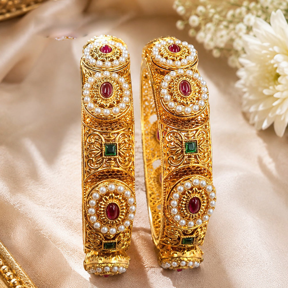 NAFJ Gold-Plated Pota Stone and Pearl Bangles Set for Women | Traditional Indian Ethnic Jewelry