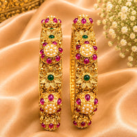 NAFJ Gold-Plated Pota Stone and Pearl Bangles Set for Women Traditional Indian Ethnic Jewelry