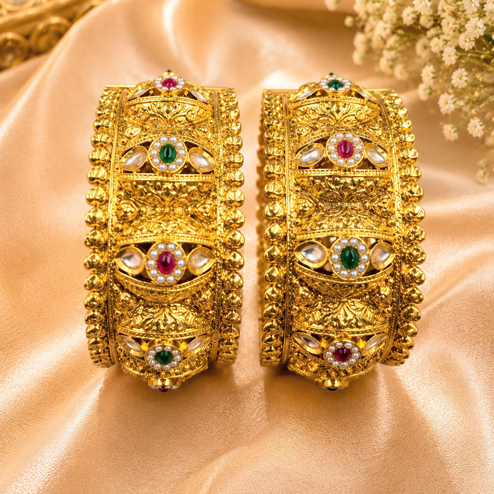 NAFJ Gold-Plated Pota Stone And Pearl  Bangles Set for Women Traditional Indian Ethnic Jewelry