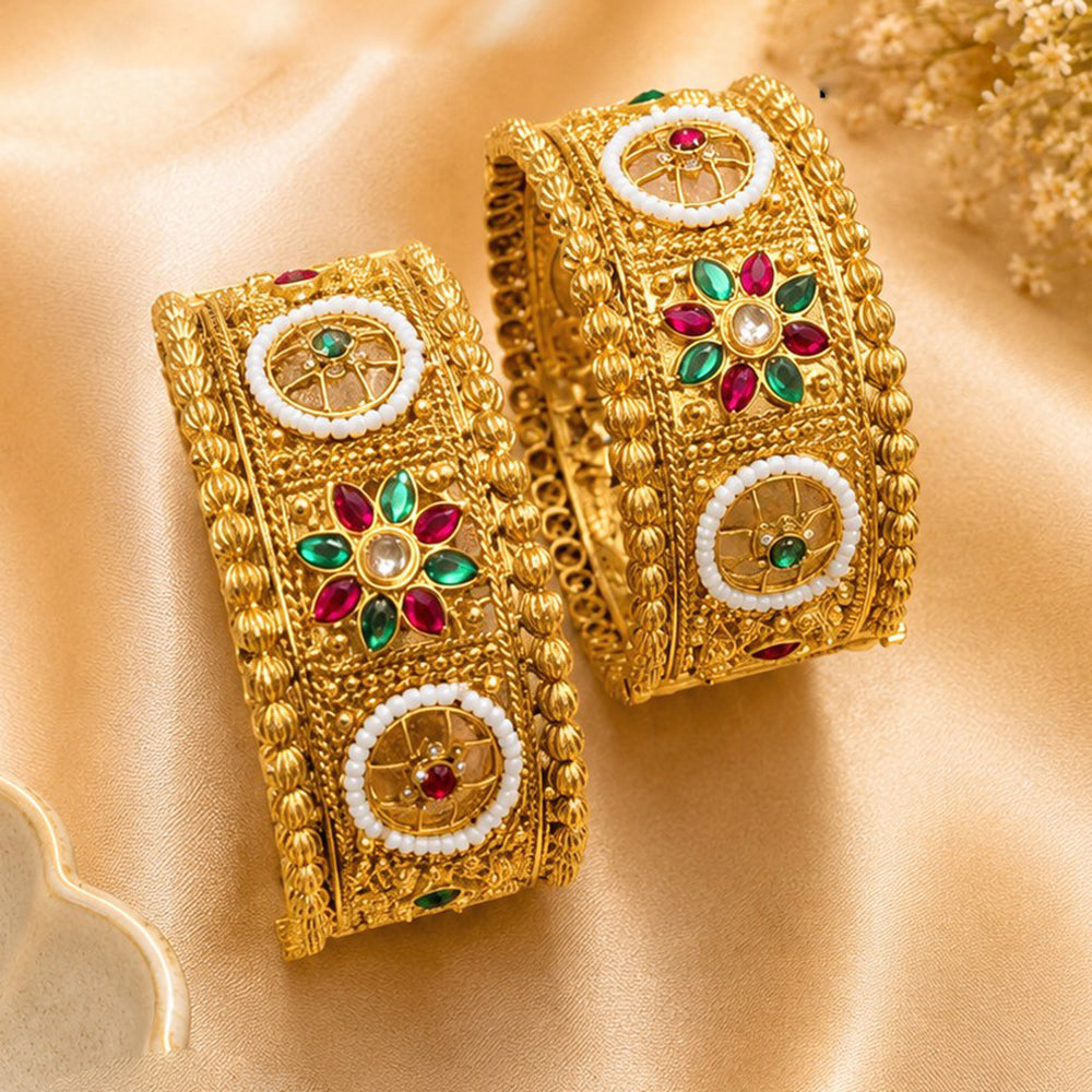 NAFJ Gold Plated Pota Stone & Pearl Bangles Set for Women Traditional Indian Ethnic Jewelry