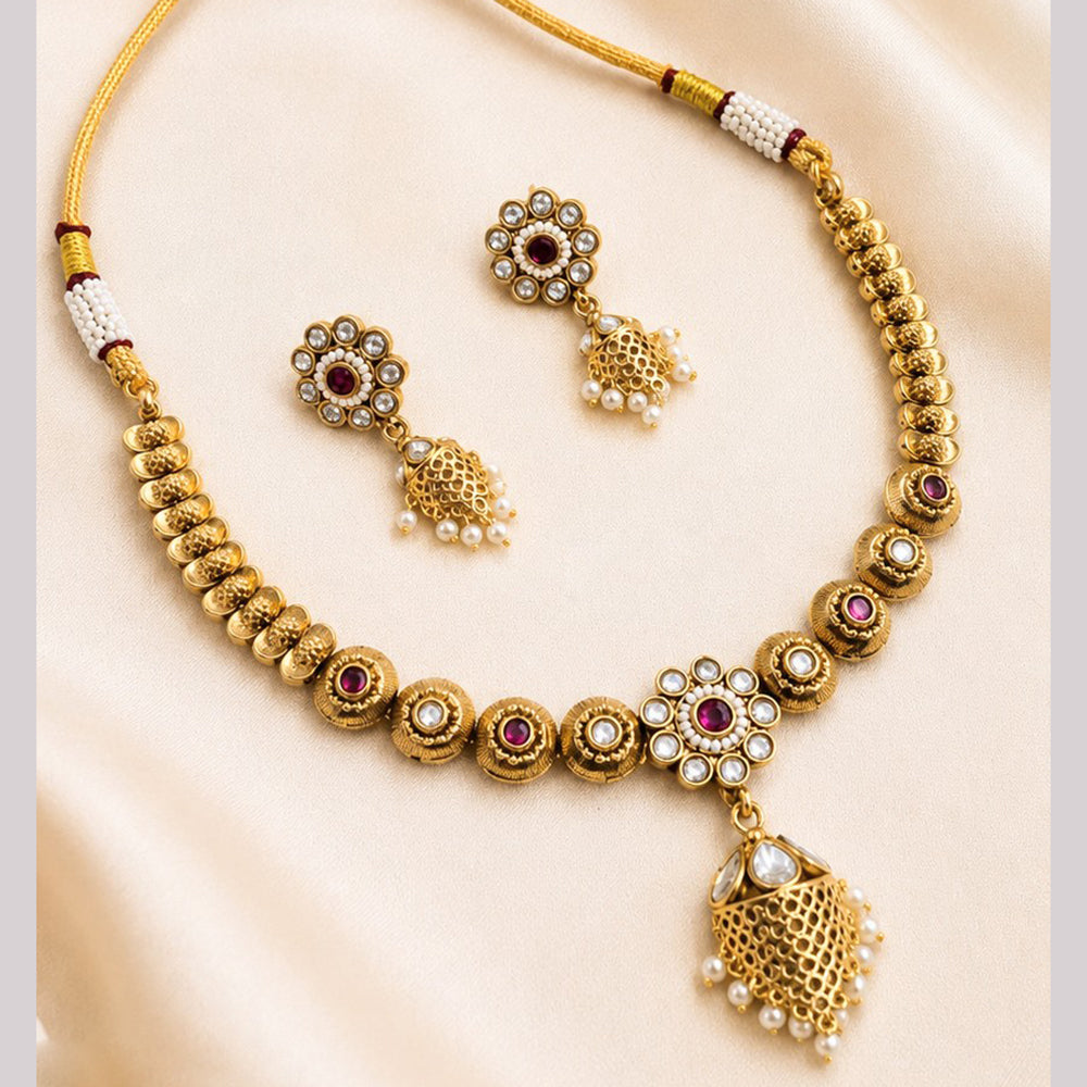 NAFJ Traditional Pota Kundan Stone Gold Plated Necklace Set for Women