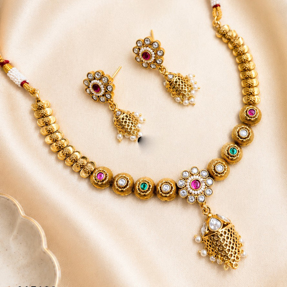 NAFJ Traditional Pota Kundan Stone Gold Plated Necklace Set for Women