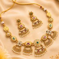 NAFJ Traditional Pota Kundan Stone Gold Plated Necklace Set for Women