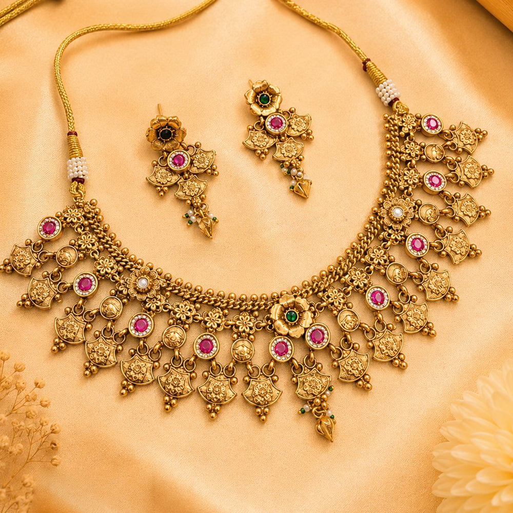 NAFJ Traditional Pota Kundan Stone Gold Plated Necklace Set for Women