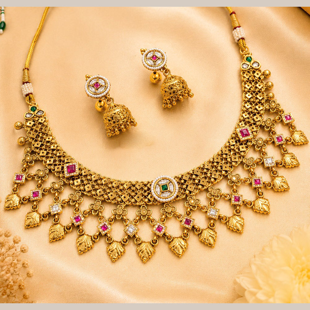 NAFJ Traditional Pota Kundan Stone Gold Plated Necklace Set for Women