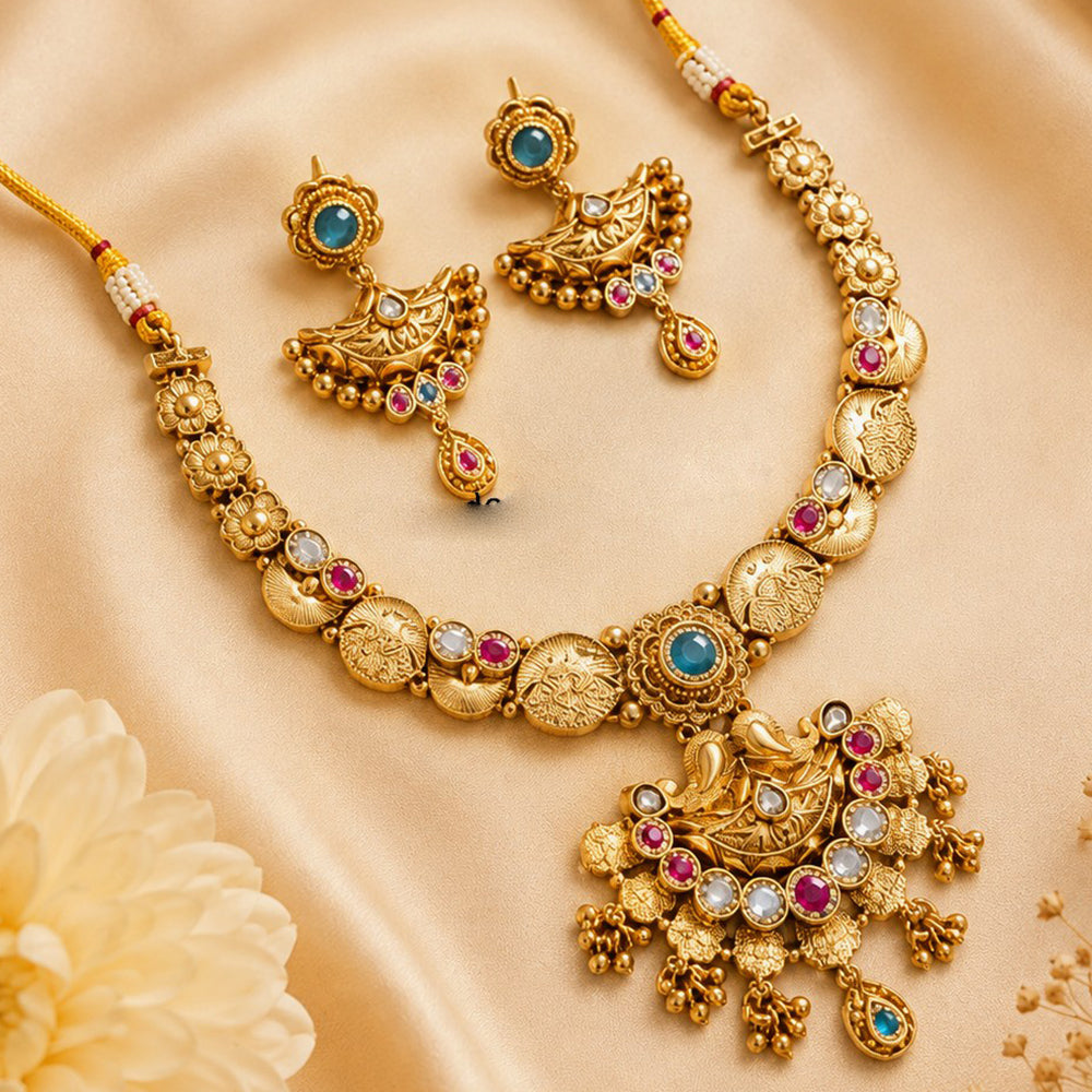 NAFJ Traditional Pota Kundan Stone Gold Plated Necklace Set for Women