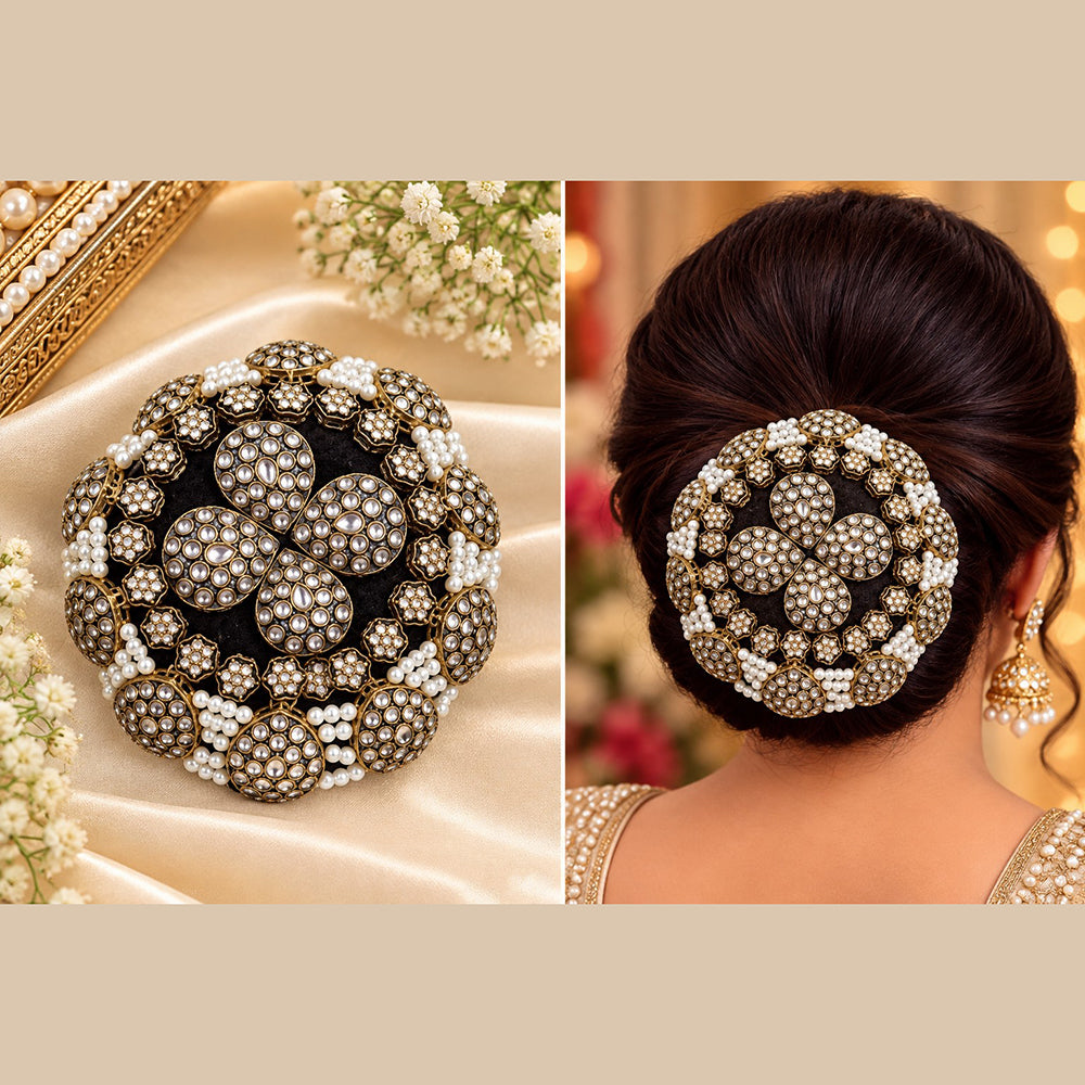 NAFJ Elegant Kundan Stone And Pearl Hair Bun Cover for Women