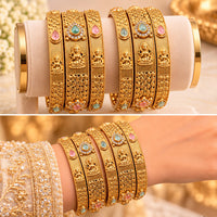 NAFJ Gold Plated Pota Stone And Temple Bangles Set for Women Traditional Indian Ethnic Jewelry