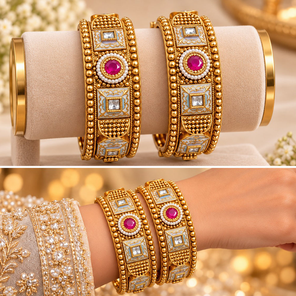 NAFJ Gold Plated Pota Stone And Meenakari Bangles Set