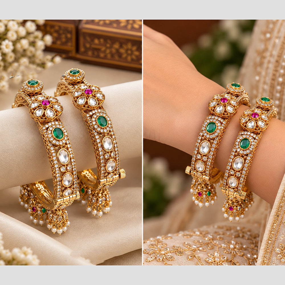 NAFJ Gold Plated Pota Stone And Pearl Openable Bangles Set for Women 