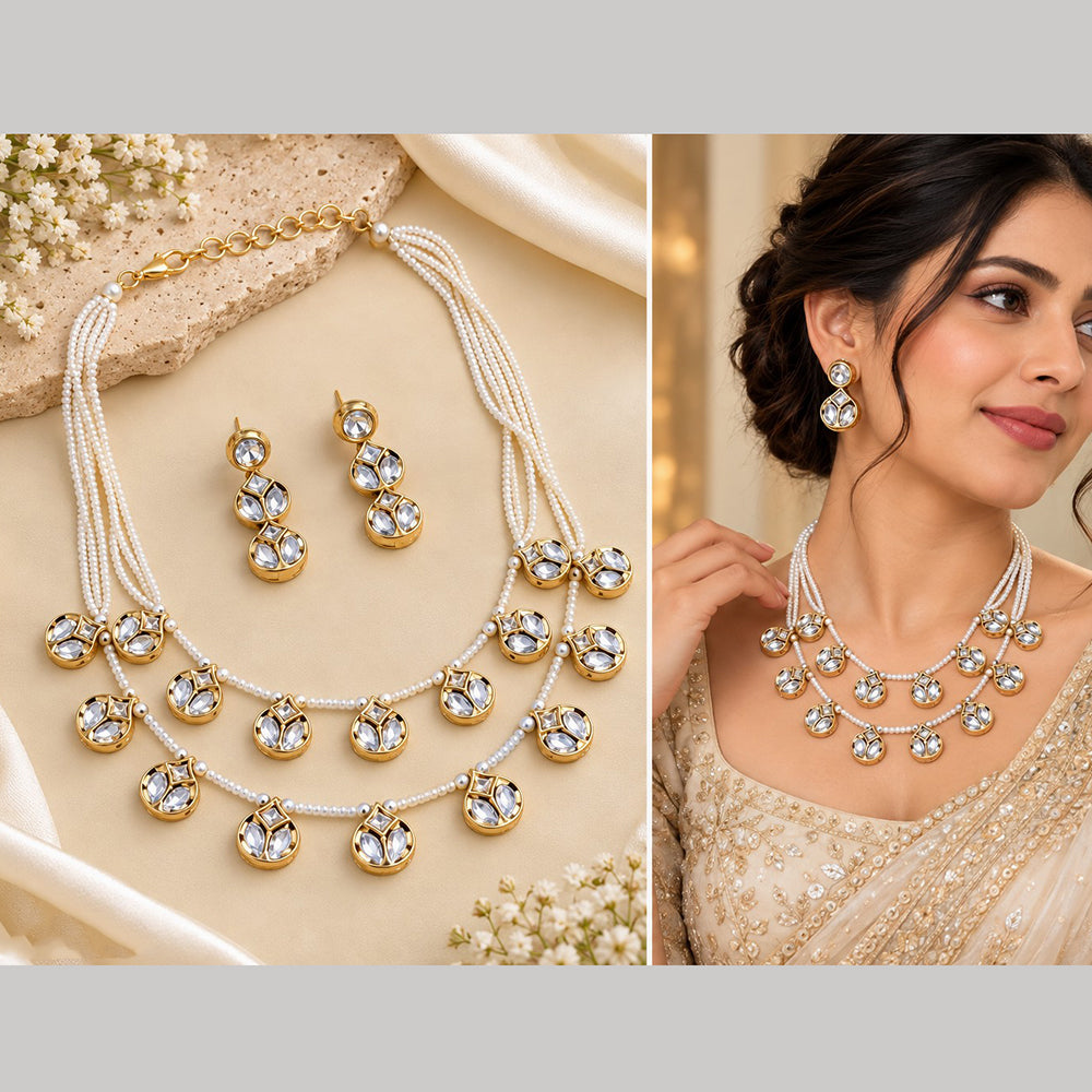 NAFJ Gorgeous Polki Stone Necklace Set With Pearl Detailing