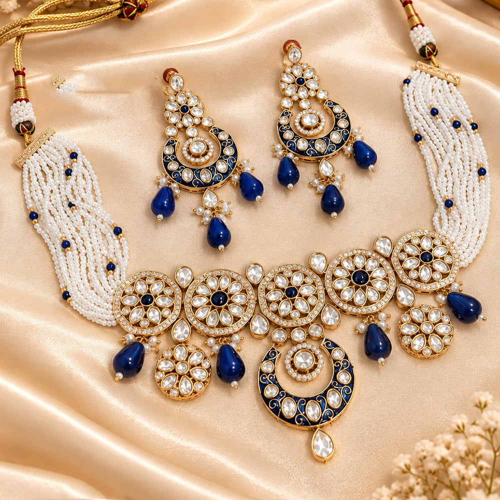 NAFJ Graceful Polki Kundan Stone And Beads Necklace Set