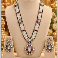NAFJ Graceful Gold Plated Polki Kundan Stone Long Necklace Set