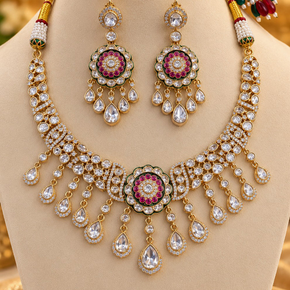 NAFJ Graceful Gold Plated Polki Kundan Stone Choker Necklace Set