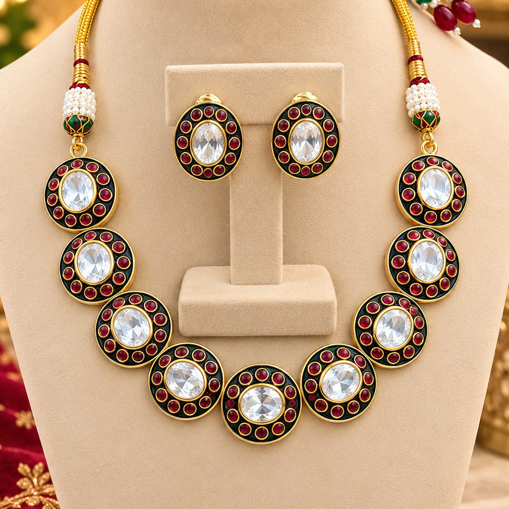 NAFJ Glamorous Gold Plated Crystal And Pota Stone Necklace Set