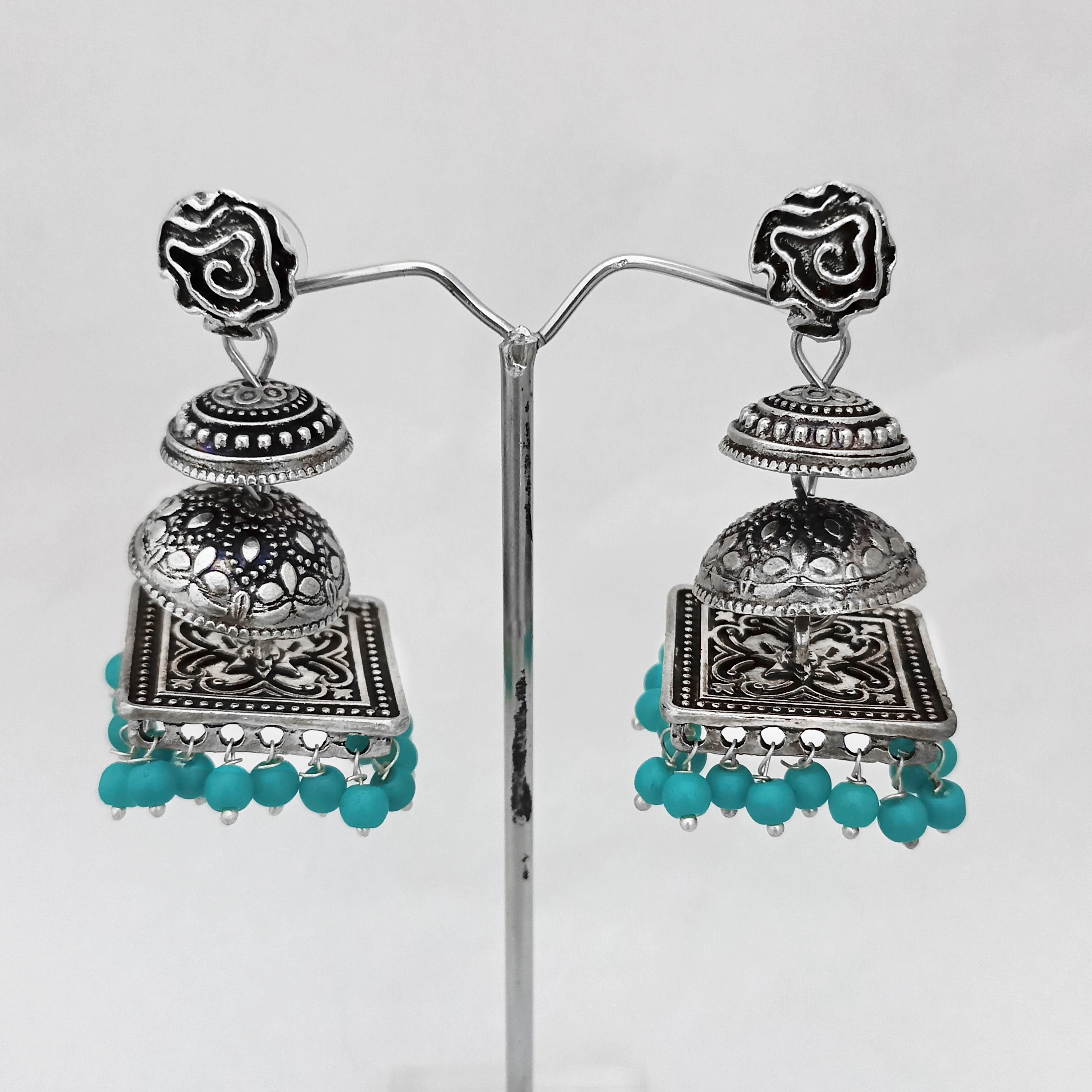 Hania Jewels Oxidized Dome Jhumka Earrings with Beads