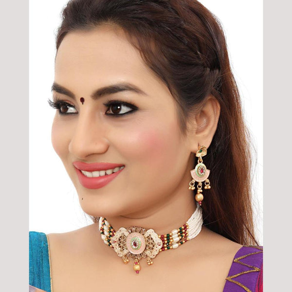 Bhagwati Bangles Gold Plated Pota Stone And Pearls Meenakari  Choker Necklace Set