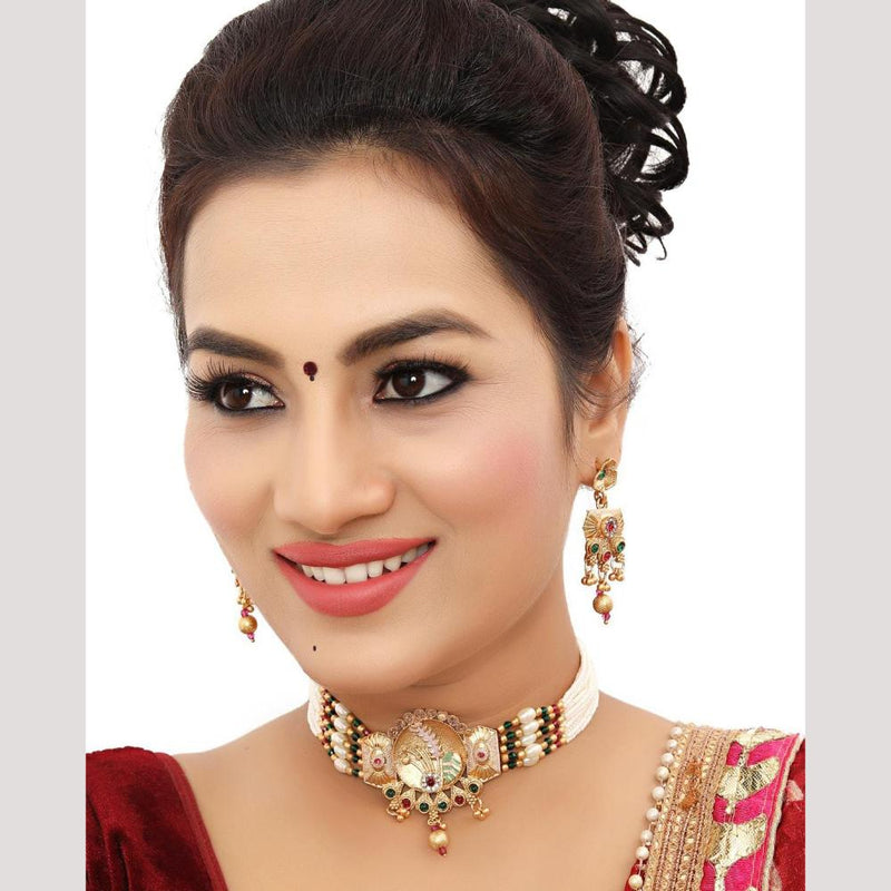 Bhagwati Bangles Gold Plated Pota Stone And Pearls Meenakari  Choker Necklace Set