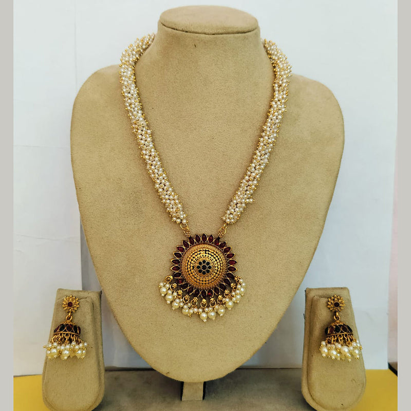 Charbhuja Art Gold Plated Pearl And Pota Stone Necklace Set