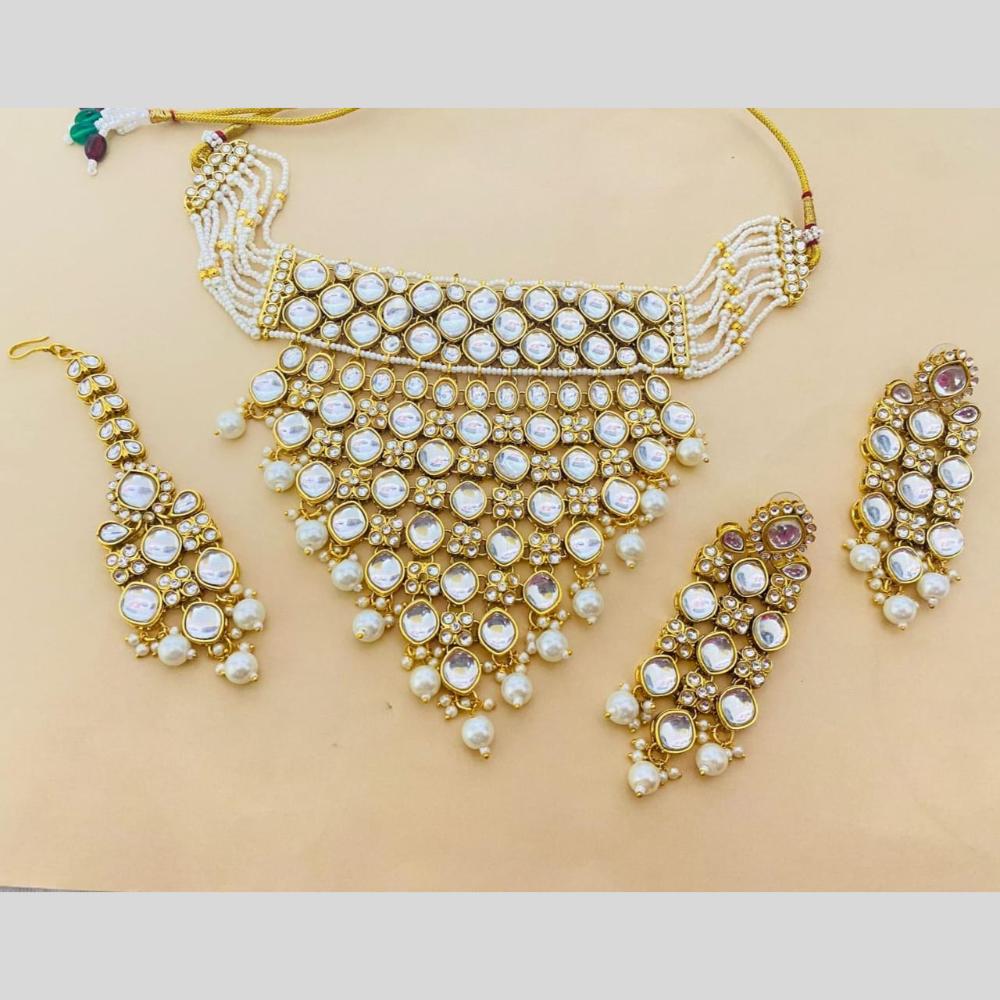 Charbhuja Art Gold Plated Pearl And Kundan Stone Choker Necklace Set