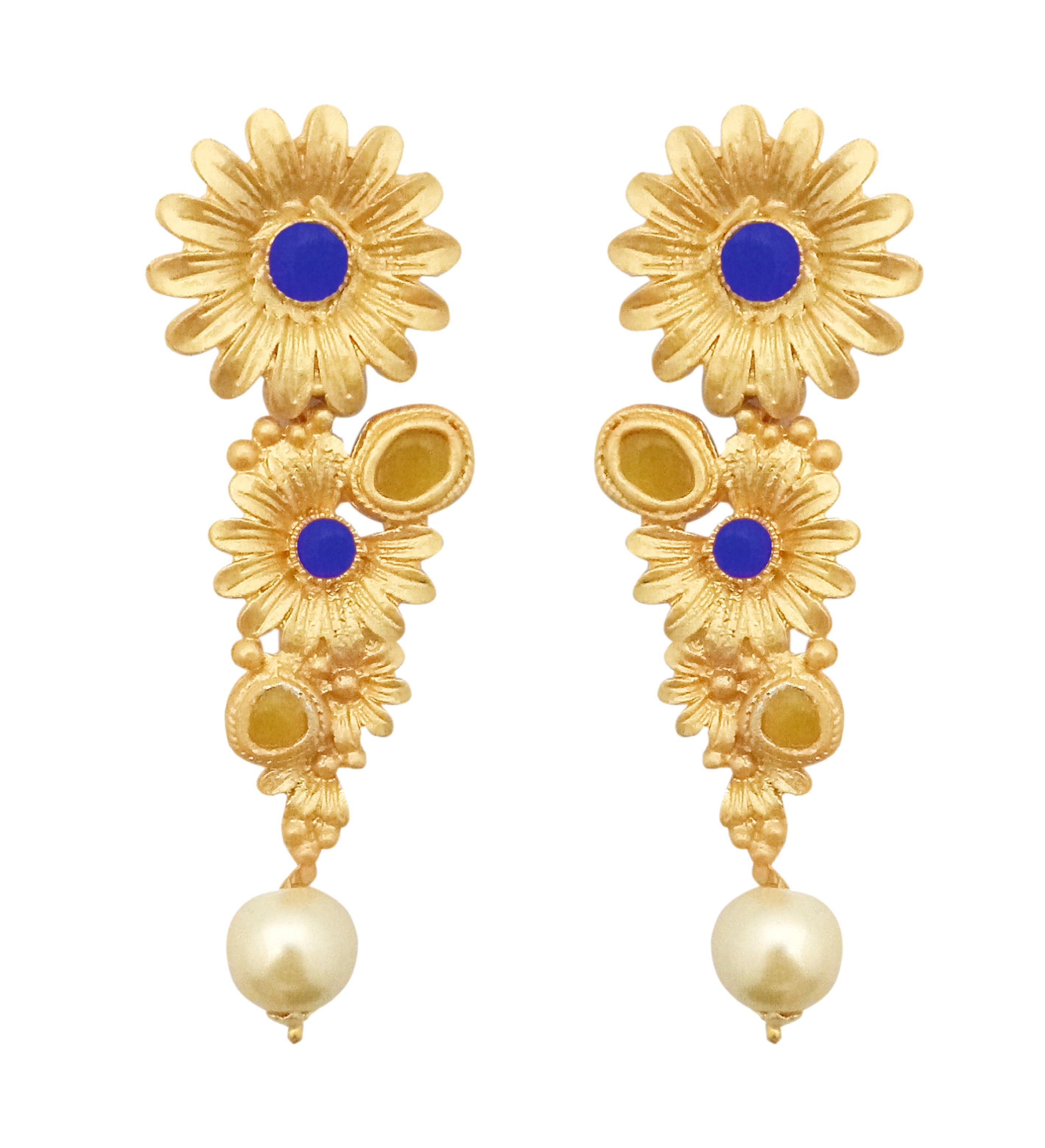 Hania Jewel Floral Pota Stone Pearl Drop Dangler Earrings  