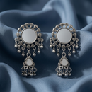 Urthn Antique Silver-Toned Oxidised Jhumki Earrings With Mirror Work(Pack of 6)
