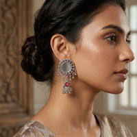 Urthn Antique Silver-Toned Oxidised Jhumki Earrings With Mirror Work(Pack of 6)