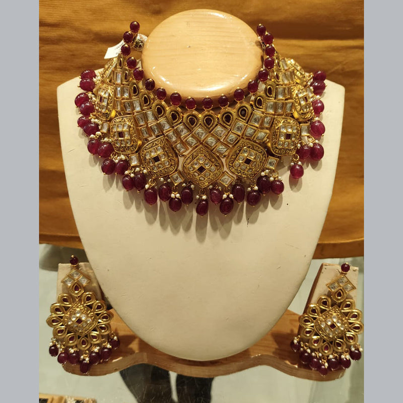 Pooja Jewellers Gold Plated Kundan Stone And Beads Choker Necklace Set