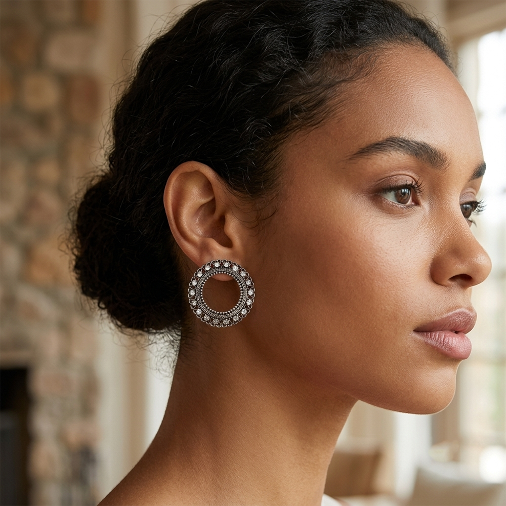 Urthn Oxidised Crystal Circle Stud Earrings(Pack of 6)