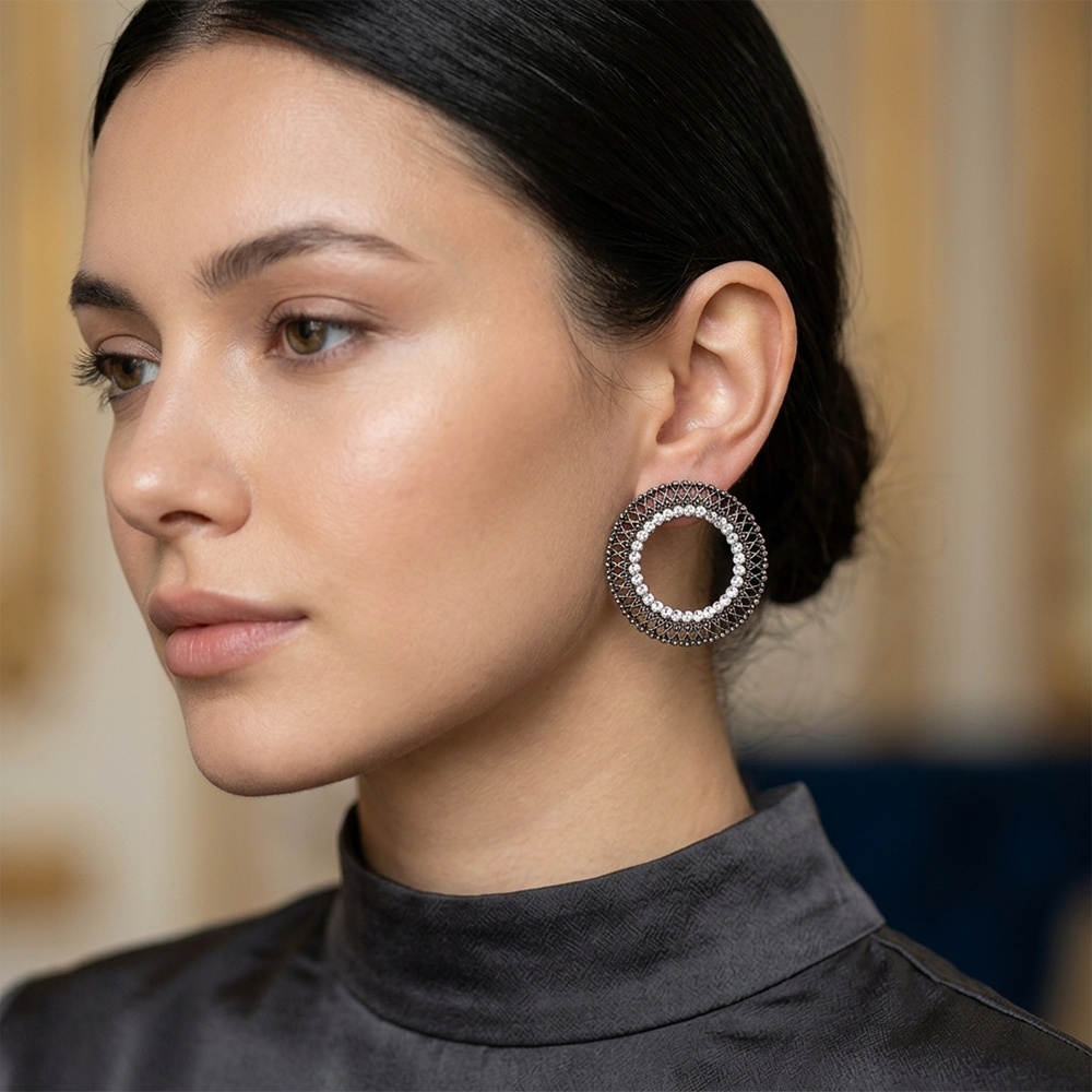 Urthn Oxidised Crystal Circle Stud Earrings(Pack of 6)