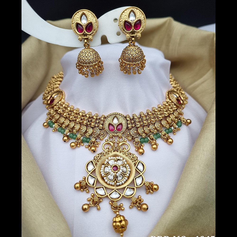 Reet Revaz Gold Plated Polki Kundan Stone And Pearls Necklace Set