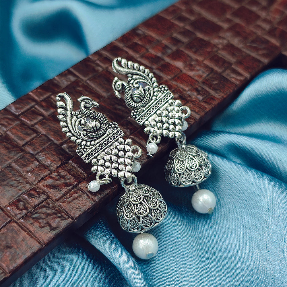 Darshana Jewels Classic Oxidised Plated Peacock Jhumki Earrings
