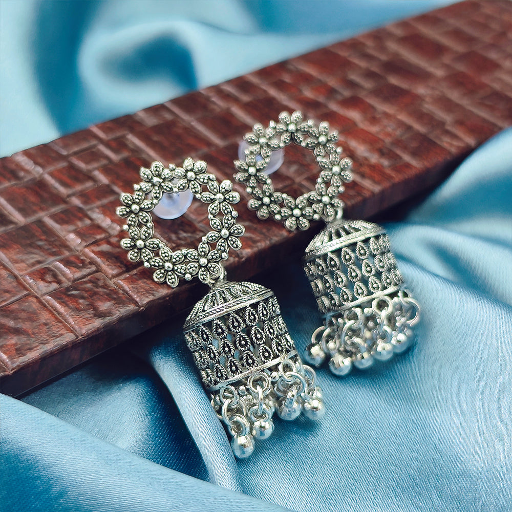 Darshana Jewels Classic Oxidised Plated Flower Jhumki Earrings