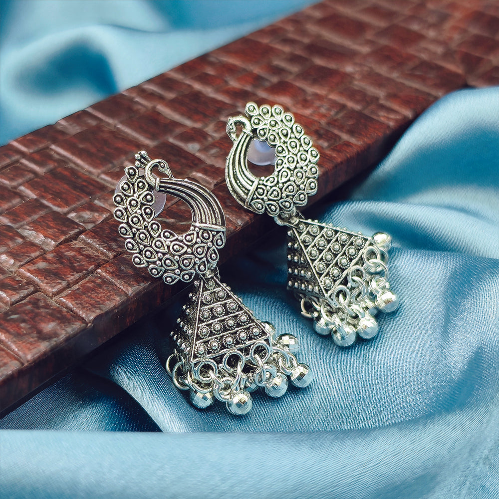 Darshana Jewels Classic Oxidised Plated Peacock Jhumki Earrings