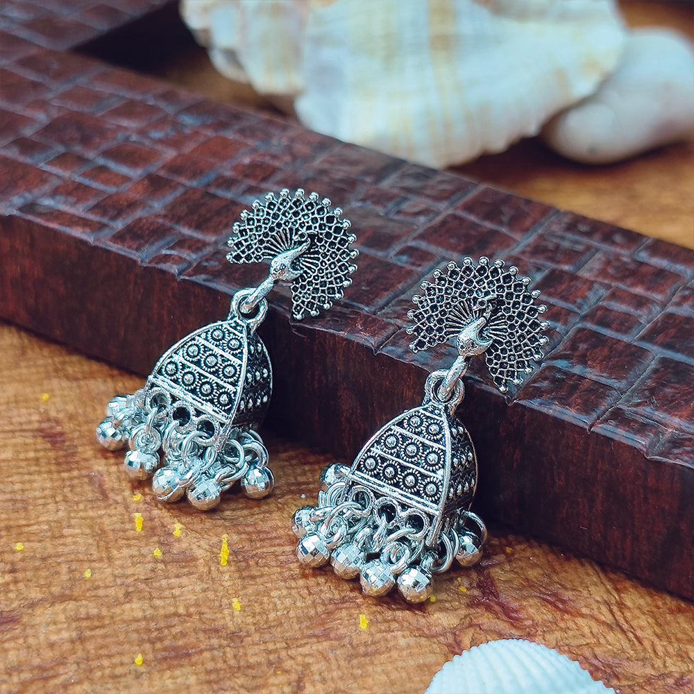 Darshana Jewels Classic Oxidised Plated Peacock Jhumki Earrings