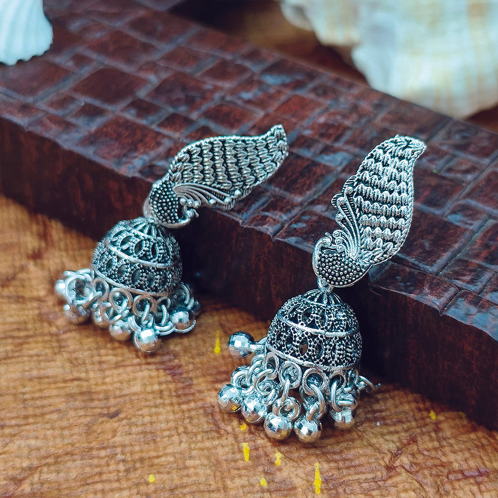 Darshana Jewels Classic Oxidised Plated Peacock Jhumki Earrings