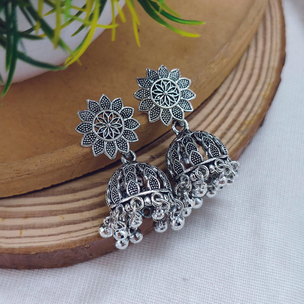 Darshana Jewels Classic Oxidised Plated Flower Jhumki Earrings