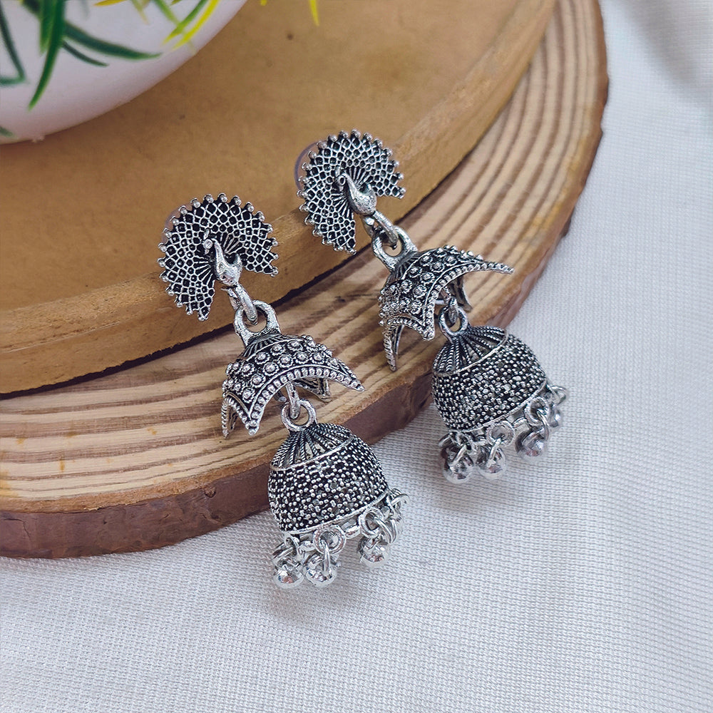Darshana Jewels Classic Oxidised Plated Peacock Jhumki Earrings
