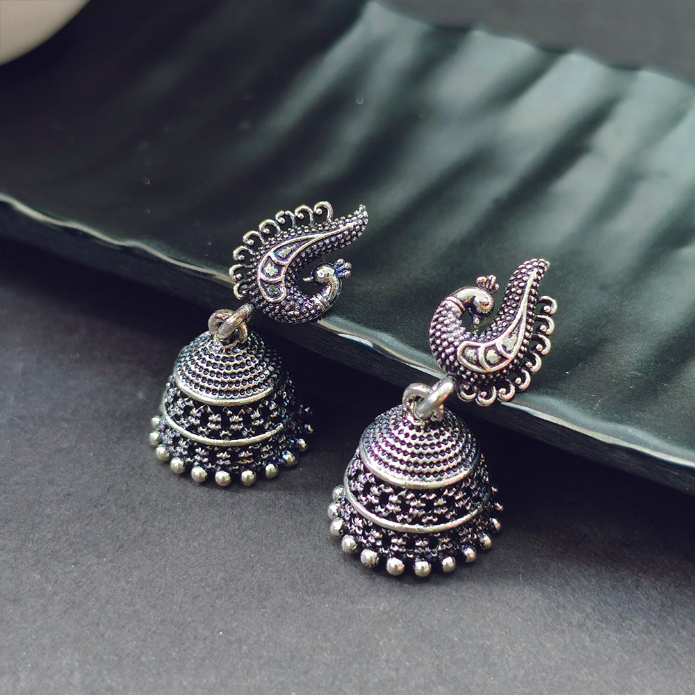 Darshana Jewels Classic Oxidised Plated Peacock Jhumki Earrings