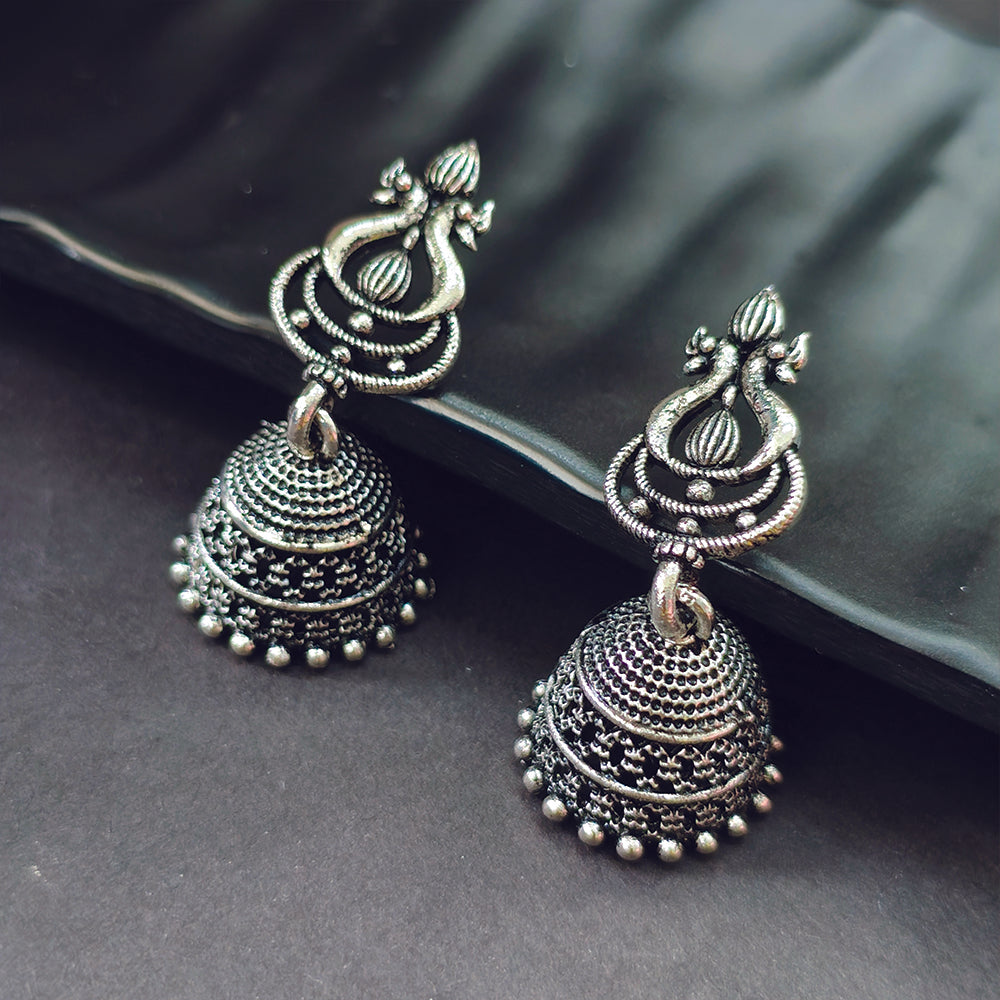 Darshana Jewels Classic Oxidised Plated Peacock Jhumki Earrings