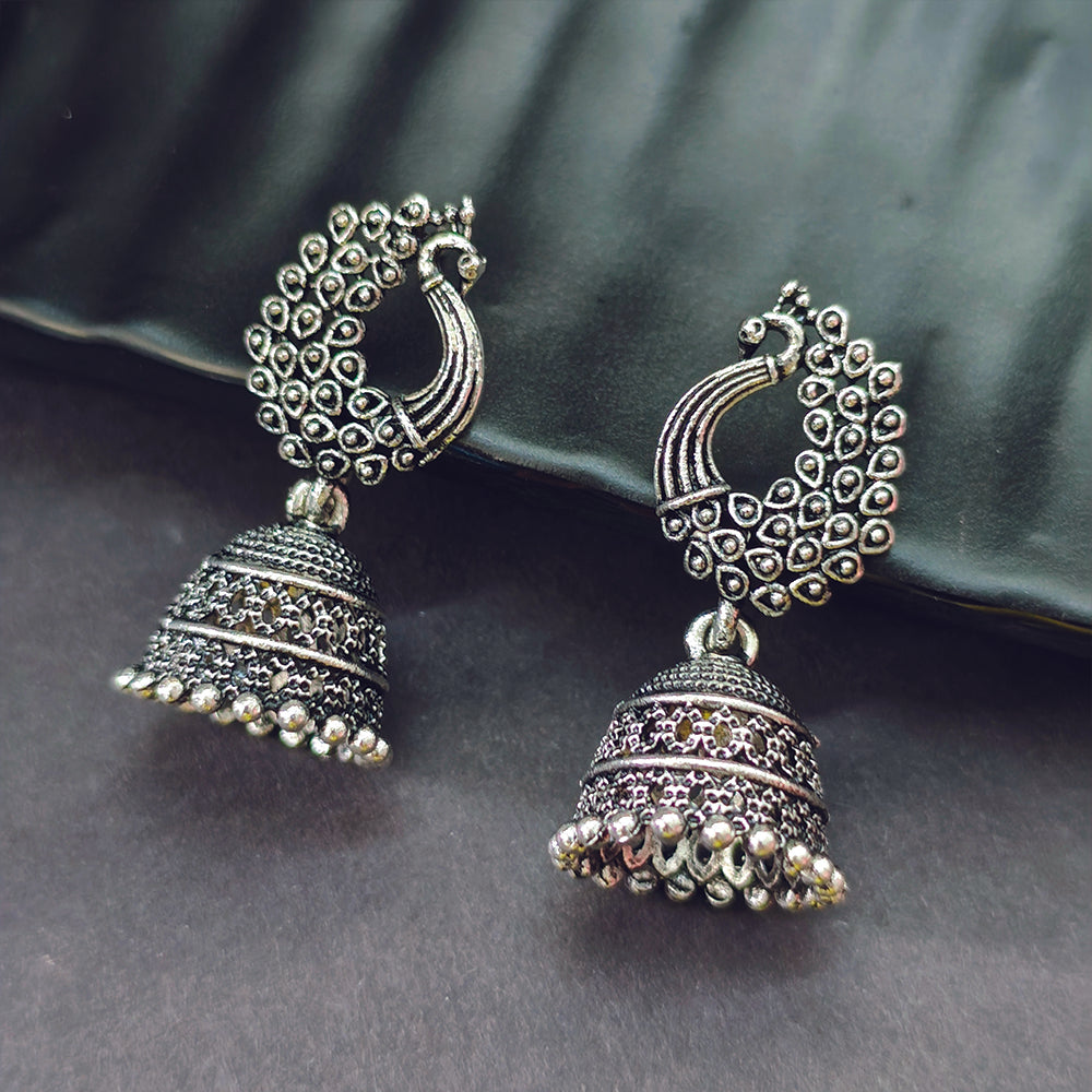 Darshana Jewels Classic Oxidised Plated Peacock Jhumki Earrings