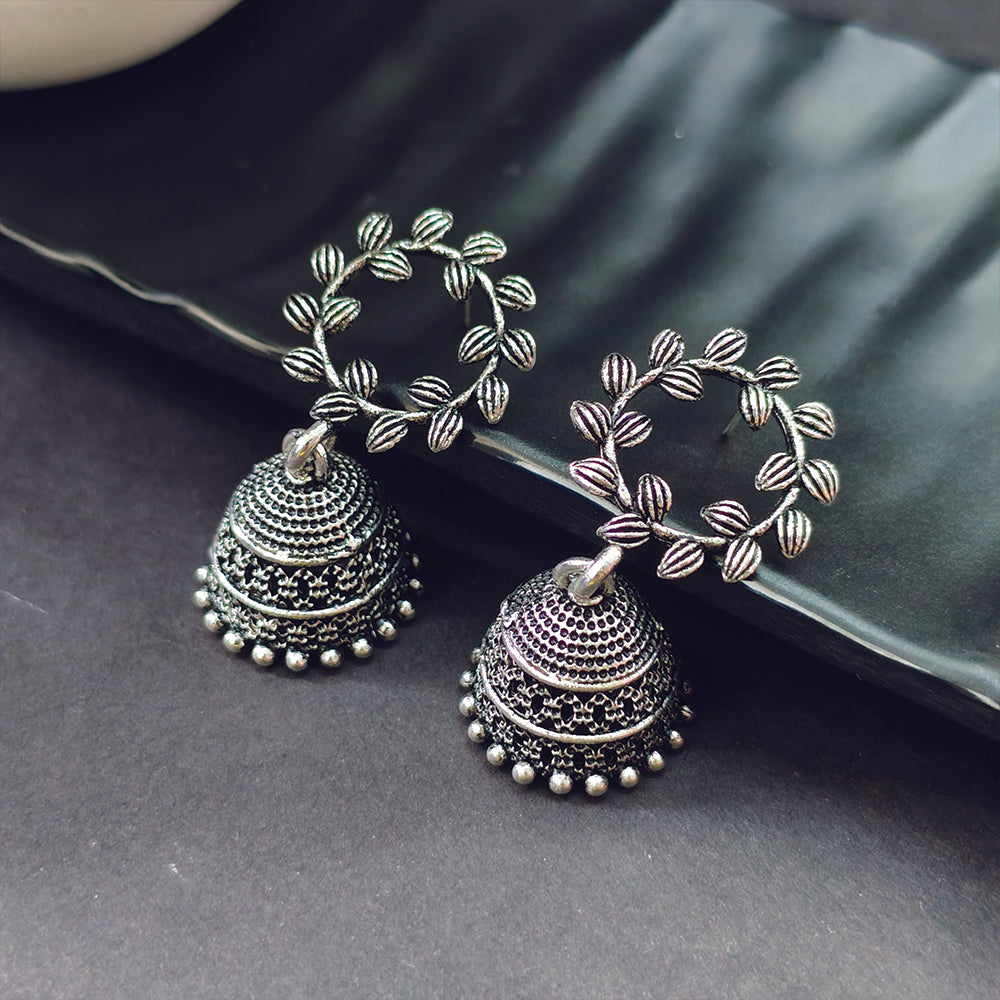 Darshana Jewels Classic Oxidised Plated Leaf Pattern Jhumki Earrings