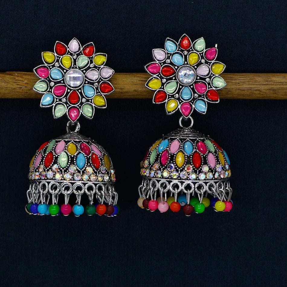 Darshana Jewels Oxidised Plated Pota Stone And Pearl Jhumki Earrings